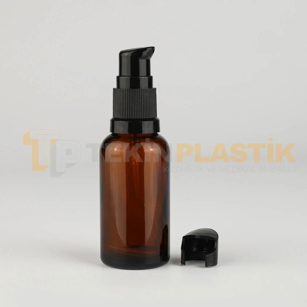 30 ML Toptan Boş Amber Renk Cam Dropper Şişe Siyah Losyon Pompalı Etekli Model