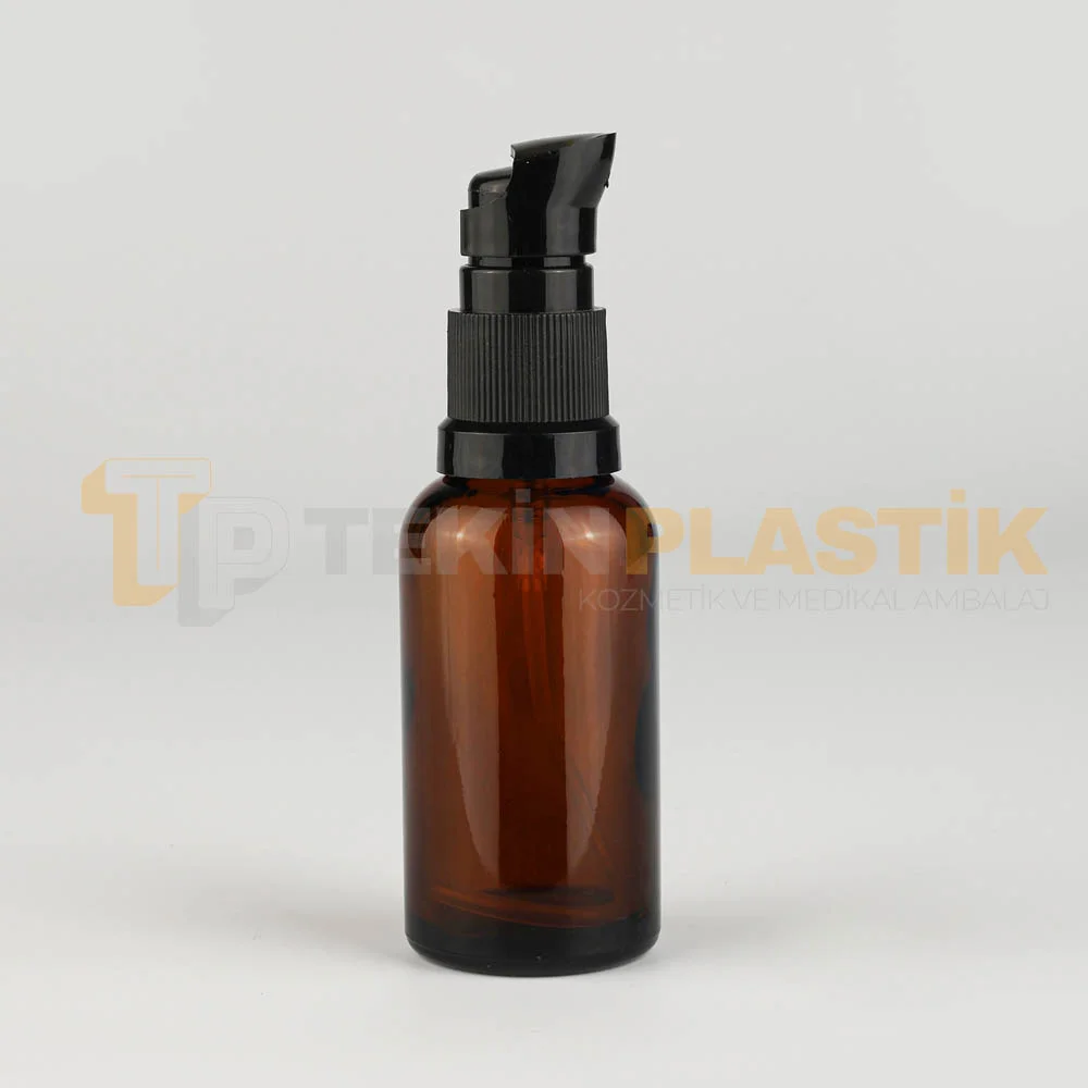 30 ML Toptan Boş Amber Renk Cam Dropper Şişe Siyah Losyon Pompalı Etekli Model