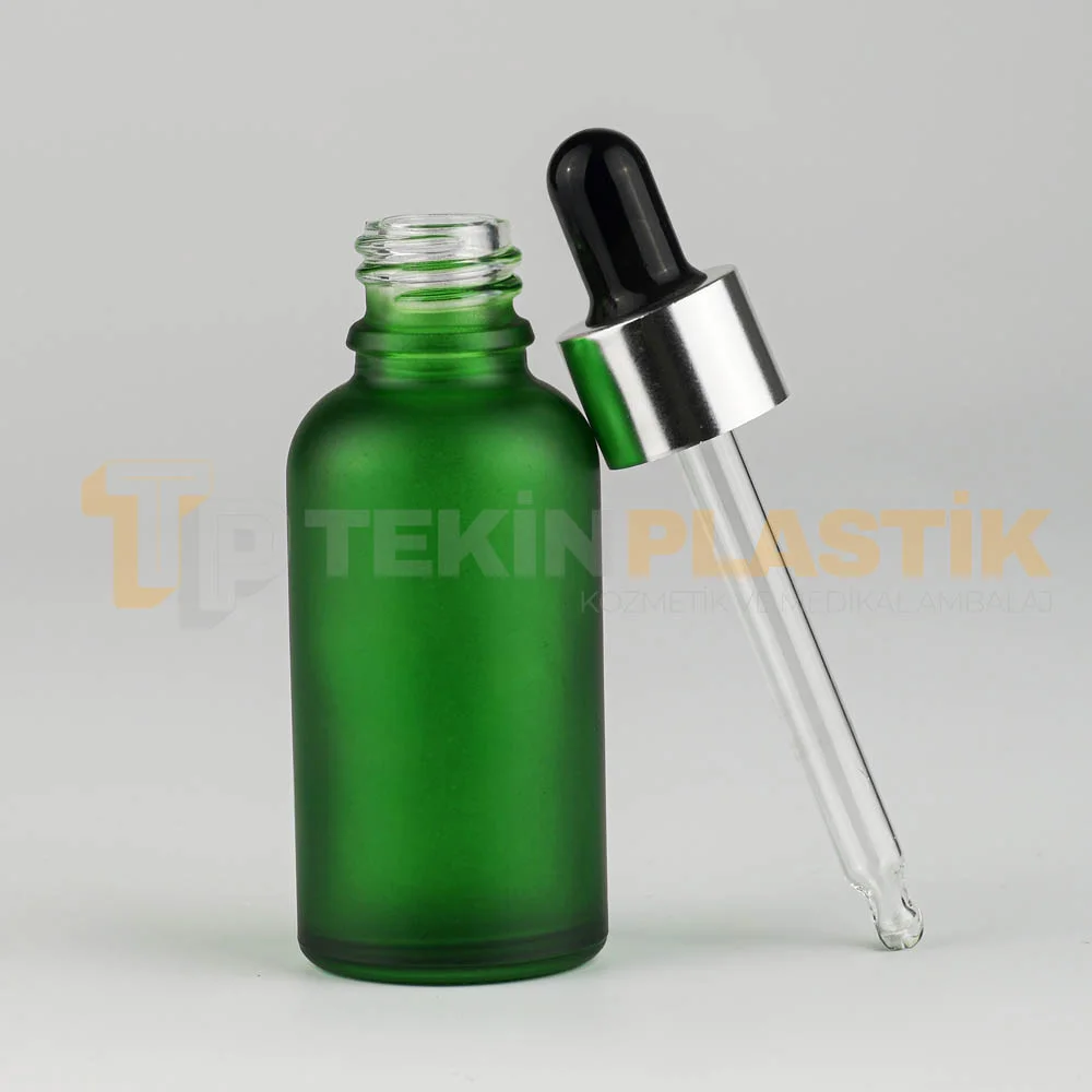 30 ML Boş Toptan Buzlu Yeşil Renk Cam Damlalıklı Dropper Şişe Metal Gümüş Siyah Başlıklı 30 ML Boş Toptan Buzlu Yeşil Renk Cam Damlalıklı Dropper Şişe Metal Gümüş Siyah Başlıklı