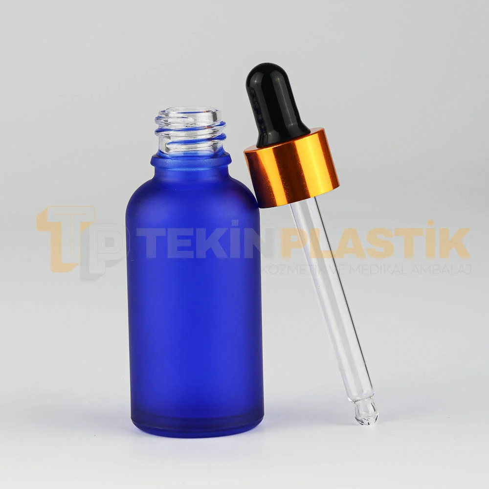 30 ML Boş Toptan Buzlu Mavi Renk Cam Damlalıklı Dropper Şişe Metal Gold Siyah Başlık 30 ML Boş Toptan Buzlu Mavi Renk Cam Damlalıklı Dropper Şişe Metal Gold Siyah Başlık