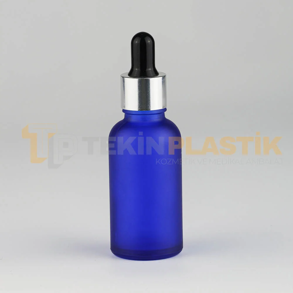 30 ML Boş Toptan Buzlu Mavi Renk Cam Damlalıklı Dropper Şişe Metal Gümüş Siyah Başlık 30 ML Boş Toptan Buzlu Mavi Renk Cam Damlalıklı Dropper Şişe Metal Gümüş Siyah Başlık
