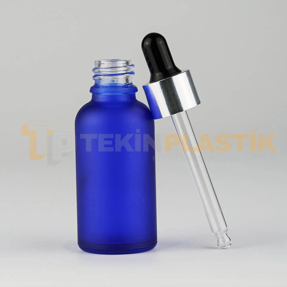 30 ML Boş Toptan Buzlu Mavi Renk Cam Damlalıklı Dropper Şişe Metal Gümüş Siyah Başlık 30 ML Boş Toptan Buzlu Mavi Renk Cam Damlalıklı Dropper Şişe Metal Gümüş Siyah Başlık