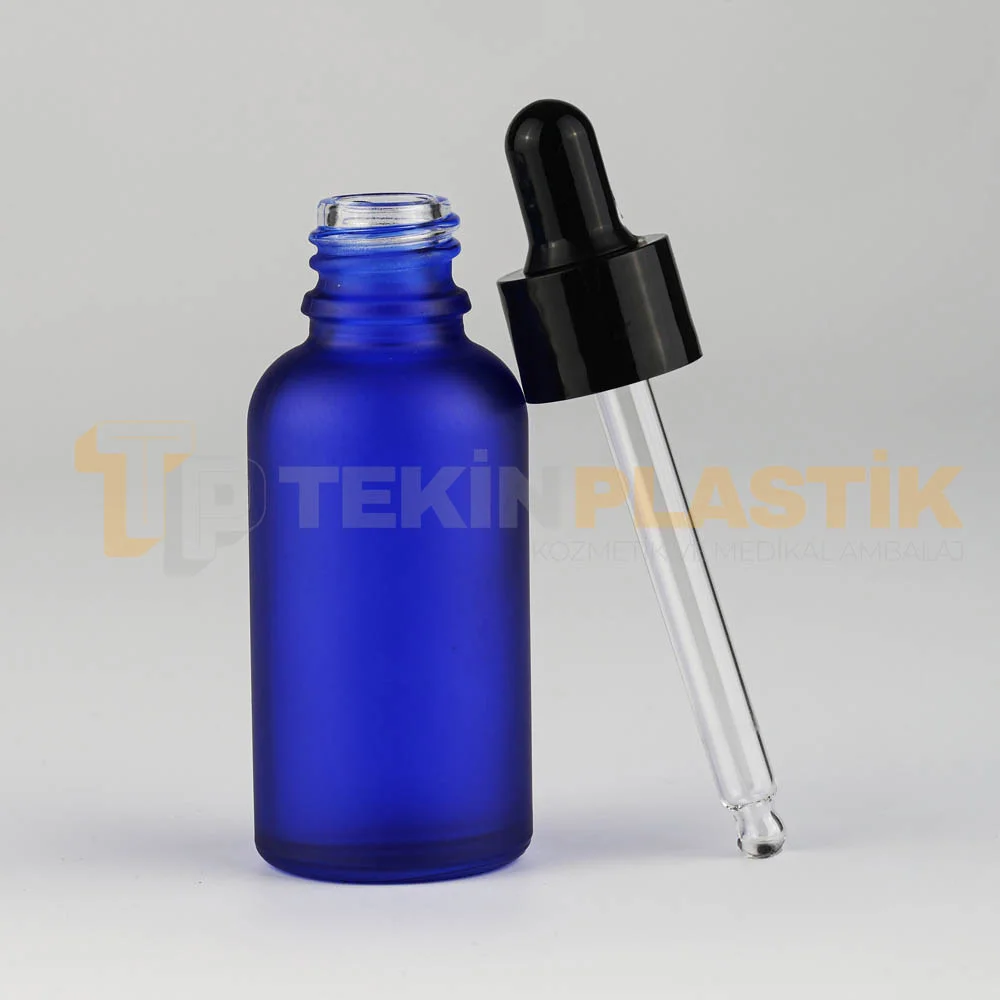30 ML Boş Toptan Buzlu Mavi Renk Cam Damlalıklı Dropper Şişe Metal Siyah Başlık 30 ML Boş Toptan Buzlu Mavi Renk Cam Damlalıklı Dropper Şişe Metal Siyah Başlık