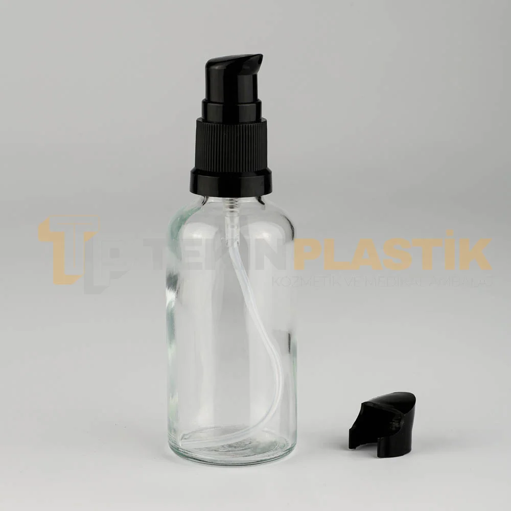 50 ML Toptan Boş Şeffaf Cam Damlalıklı Şişe Etekli Siyah Losyon Serum Pompalı 50 ML Toptan Boş Şeffaf Cam Damlalıklı Şişe Etekli Siyah Losyon Serum Pompalı